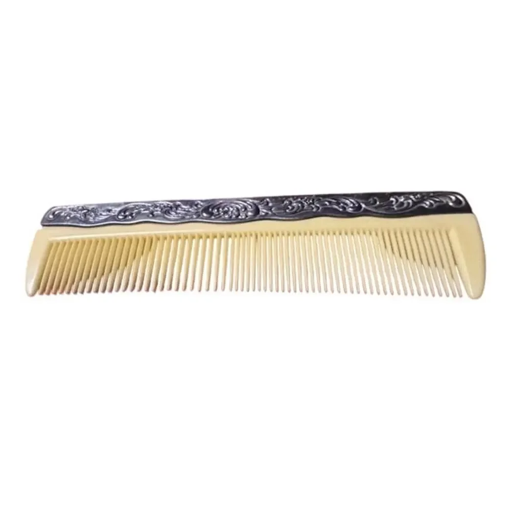 Vintage Ornate Hair Comb Faux Ivory Celluloid Look Silver Tone Floral 7 Inch